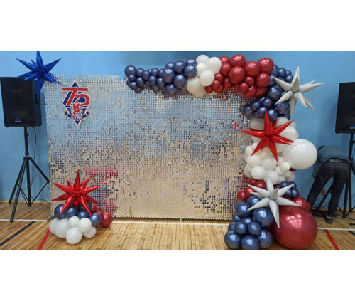 Фотозона из пайеток (с гирляндой и табличкой)