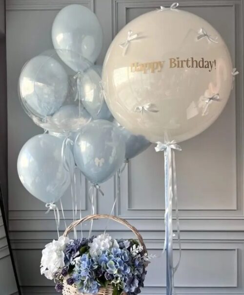 Сет с голубыми и белыми шарами <Happy Birthday>